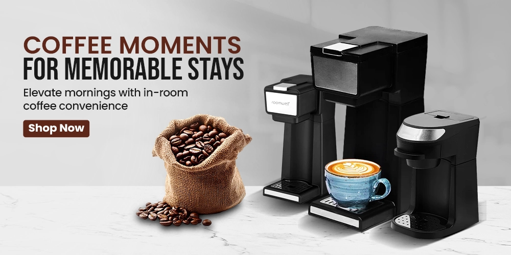 Compact in-room coffee makers with a cup of cappuccino and coffee beans bag, offering guests convenience and comfort, with 'Shop Now' button.